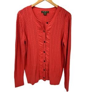 Eddie Bauer Sweater Womens Large Pink Coastal‎ Button Up Cardigan Cable Knit